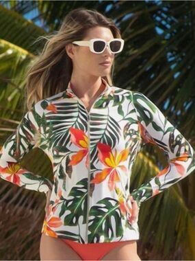 NWT Tribal XIX Palms UPF 50 Tropical Zip Rash Guard XS